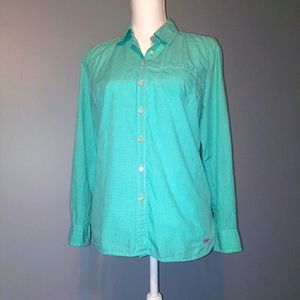 Talbots Aqua Gingham Button Up, Roll Tab, M Petite